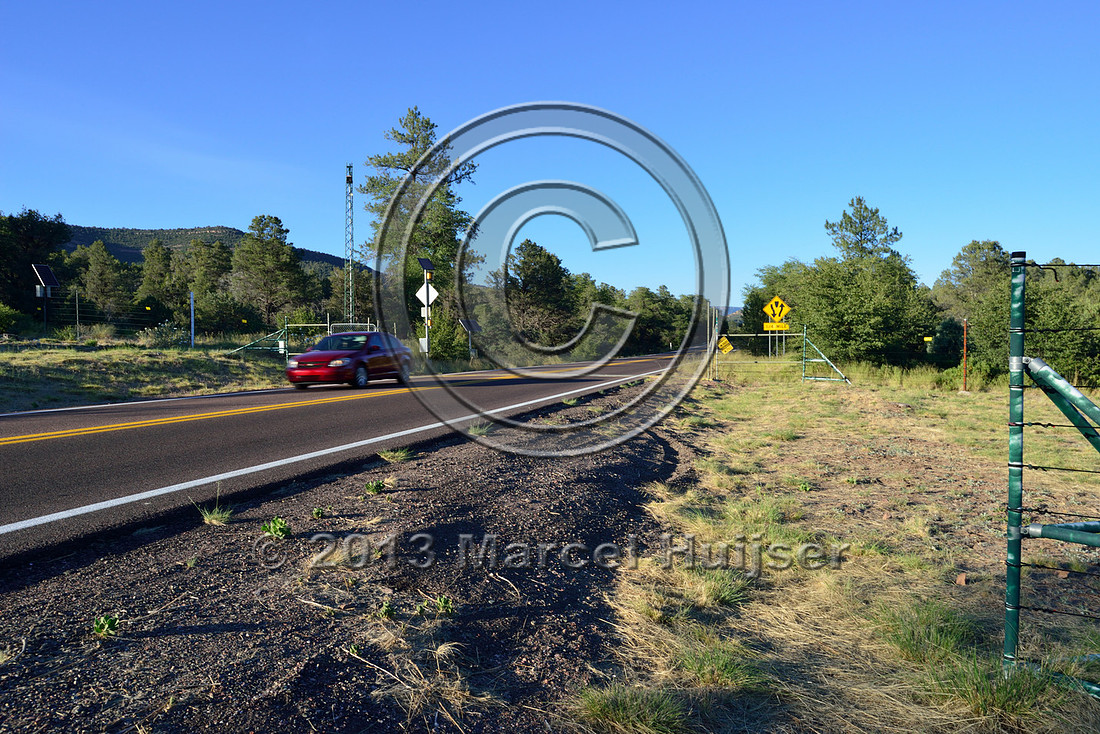 Road ecology blog: The detection zone or crossing areas associated with an animal detection and driver warning system at a fence end, S.R. 260 east of Payson, Arizona, USA