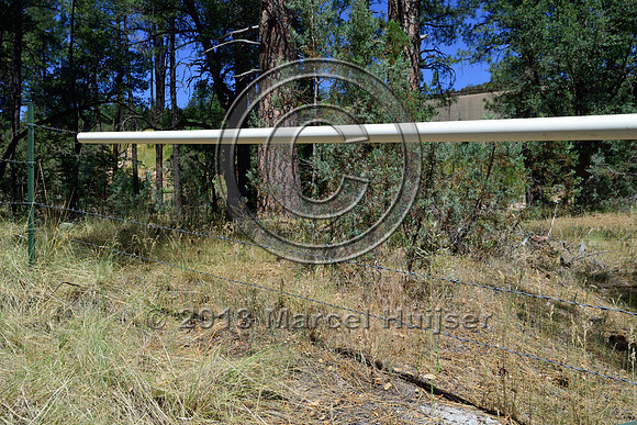 Livestock fence with plastic tube over the top wire, SR 260, west of Kohl's Ranch, Arizona, USA