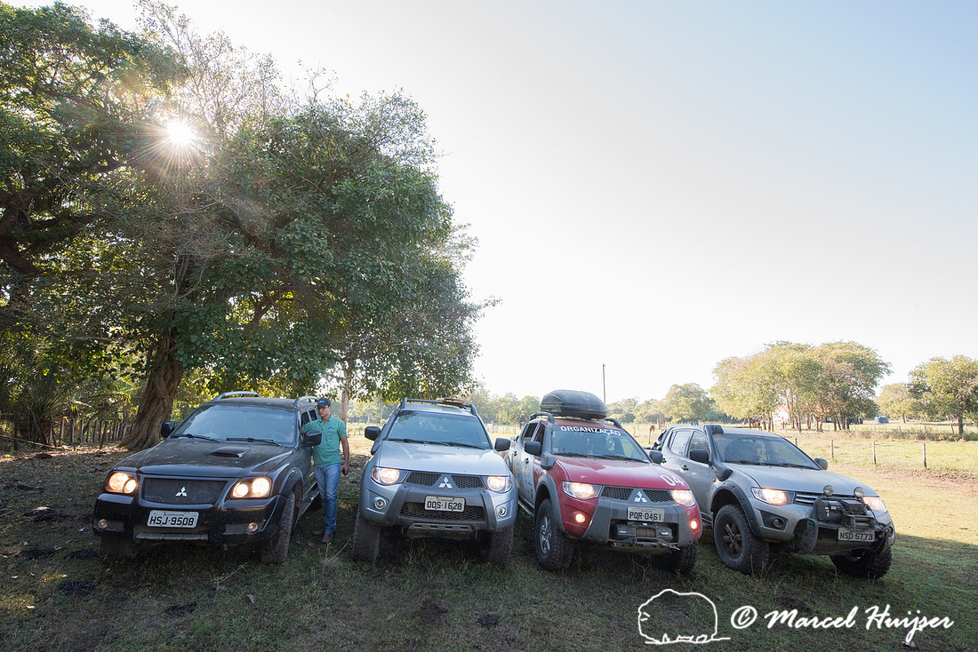 Departing the Pantanal in a convoy of four Mitsubishi vehicles,