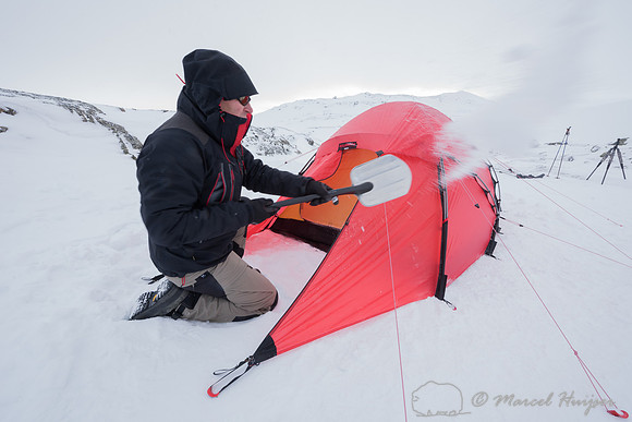 Niels Kooijman digs a pit for cooking in the snow, Dovrefjell, N