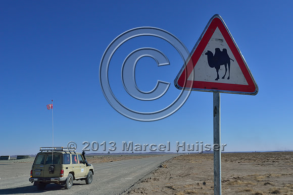 Warning sign for domesticated Bactrian camels (Camelus bactrianus), Gobi, Mongolia