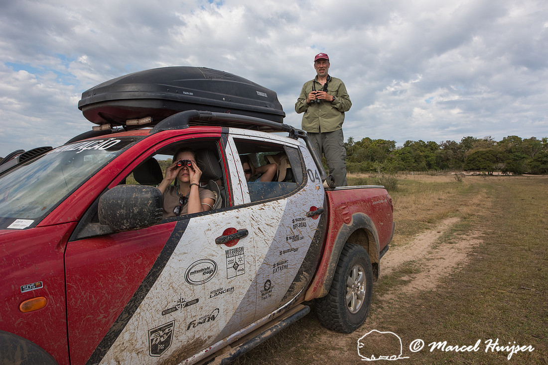 Marcel Huijser and Fernanda Abra look for wildlife with the Mits
