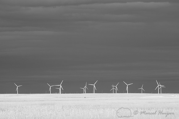 Wind turbines at Freezout Lake, in infrared, Montana, USA