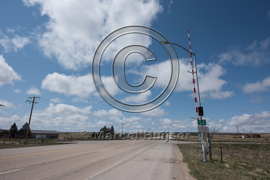 Sign, road closed (snow storm, snow drifts, Lusk, Wyoming
