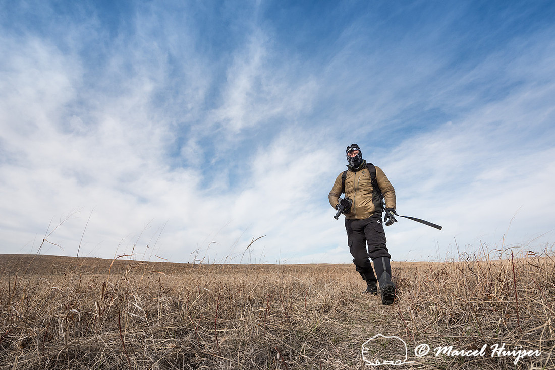 Marcel Huijser leaves the blind at the sharp-tailed grouse lek,