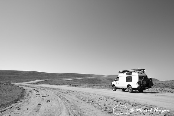 Our camper van on dirt road, Wind River Range,  Wyoming, USA