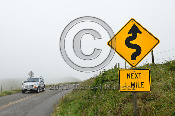 Warning sign curvy road, 30 m per hour, Reyes National Seashore, California, USA