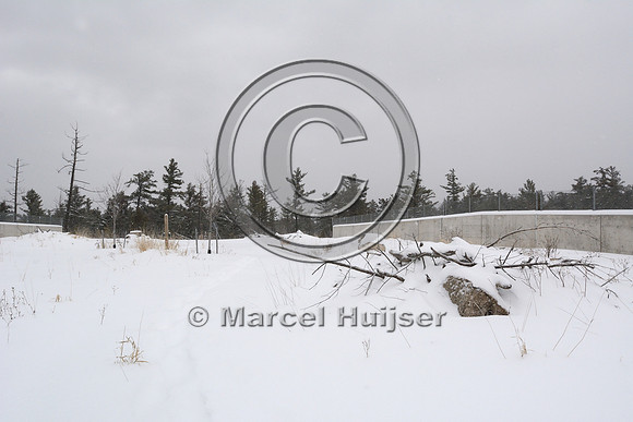 Top of wildlife overpass with cover (tree branches and rocks), Hwy 69, Ontario, Canada