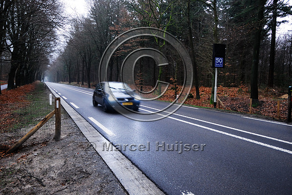 Animal detection system LED SICK WS WE 45 at a gap in a wildlife fence near Harderwijk, The Netherland