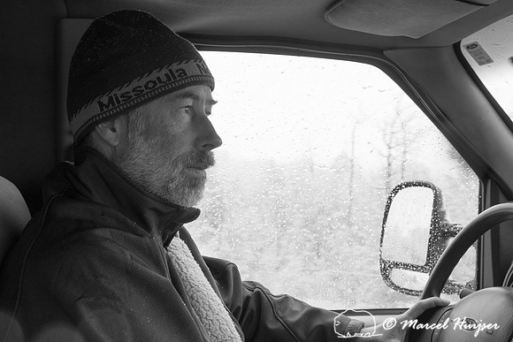 Marcel Huijser drives the camper van, near Glacier National Park