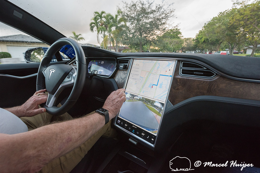 Ronald Blank in his Tesla Model S, Ft Lauderdale, Florida, USA