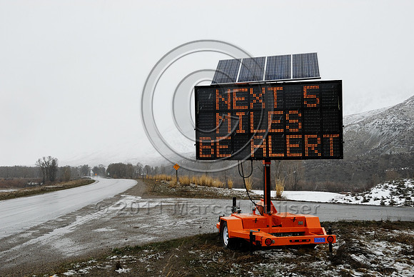 Wildlife warning sign, variable message sign, Big Game winter range Next 5 miles be alert, WY
