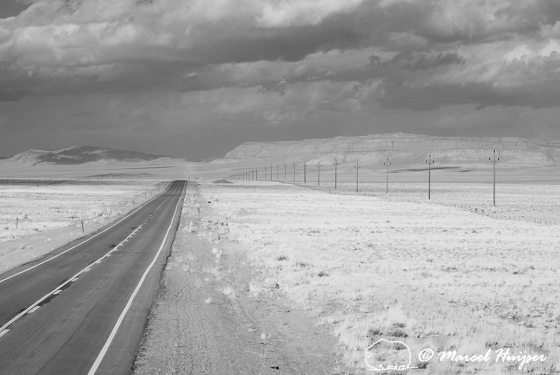 Highway and powerline in infrared, Nevada, USA