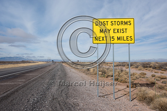 Warning sign, dust storms may exist next 15 miles, New Mexico, U