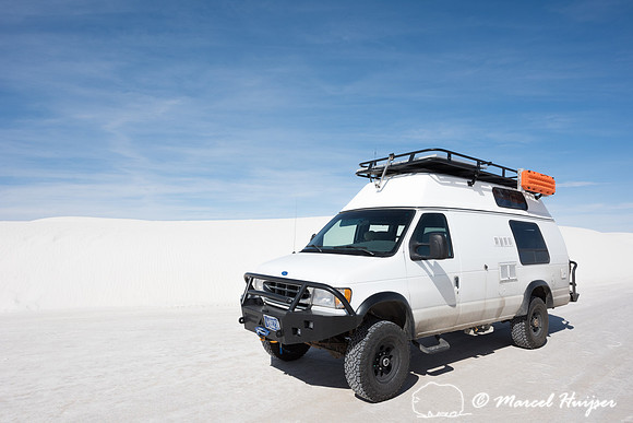 Camper van 4x4 on dirt road, White Sands National Monument, New