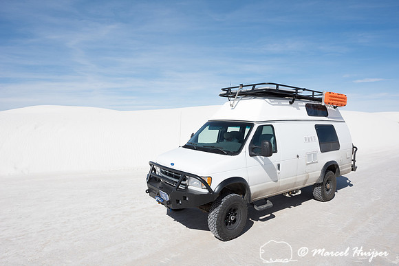 Camper van 4x4 on dirt road, White Sands National Monument, New