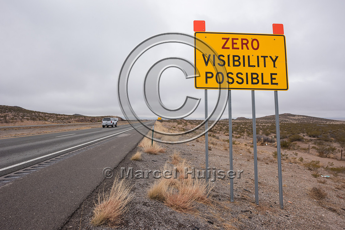 Warning sign, dust storms, zero visibility possible, New Mexico,