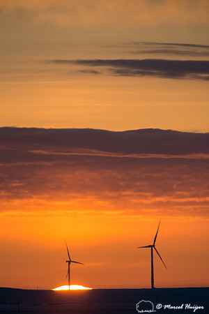 Wind turbines at sunrise, Montana, USA