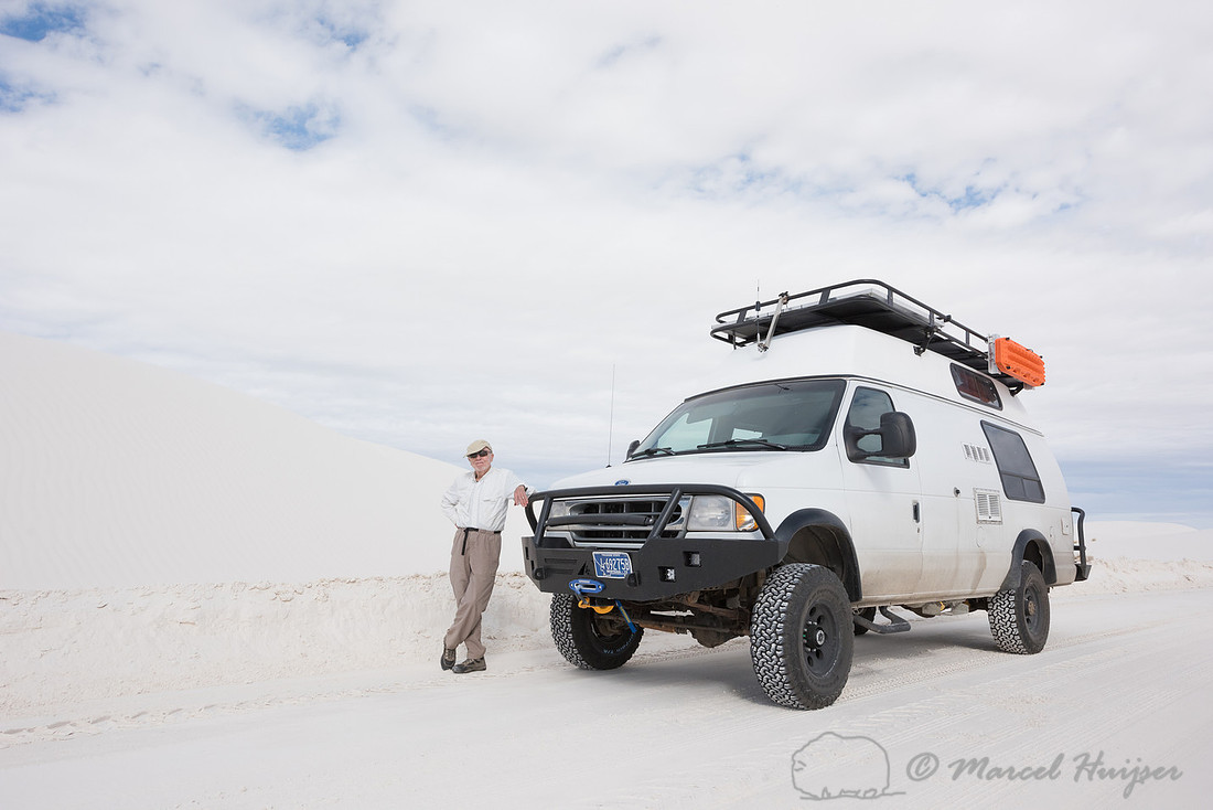 Camper van 4x4 on dirt road, White Sands National Monument, New