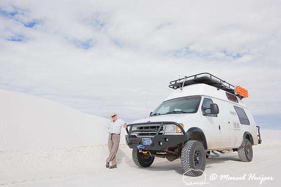 Camper van 4x4 on dirt road, White Sands National Monument, New