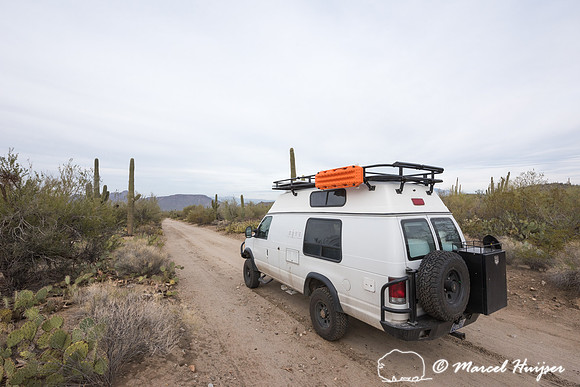 Camper van on dirt road, Saguaro National Park, Arizona, USA