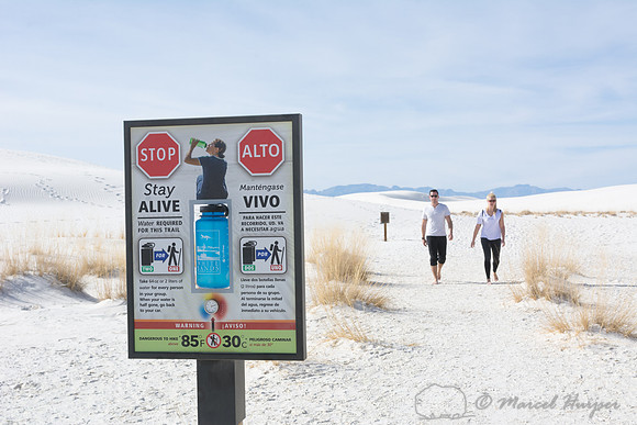 Warning sign hiking, White Sands National Monument, New Mexico,