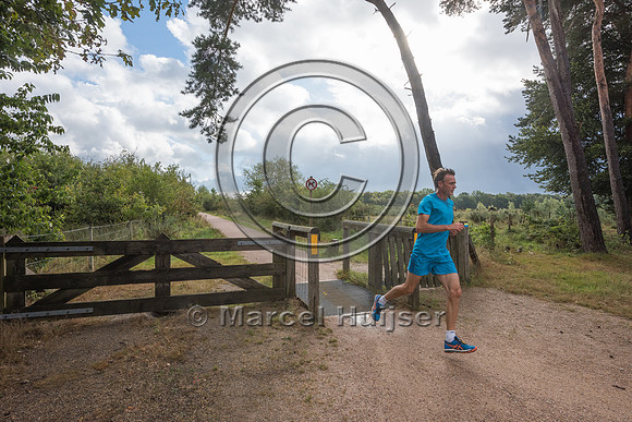 Runner on trail at ecoduct Natuurbrug Zanderij Crailoo, The Neth