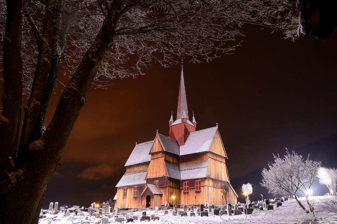 Ringebu stave church (stavkyrkje), early 13th century, in winter with ice fog, Ringebu, Norway