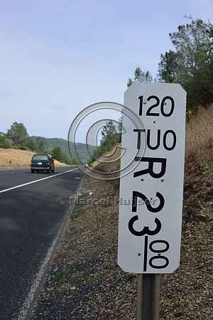 Mile marker post, Hwy 120, near Moccasin, Tuolumne County, California, USA