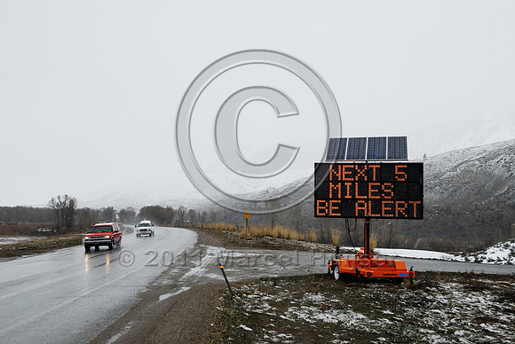 Wildlife warning sign, variable message sign, Big Game winter range Next 5 miles be alert, WY