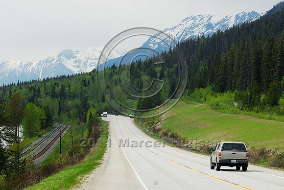 Kinder Morgan Canada oil pipeline (former TMX oil pipeline) after twinning and Hwy 16 and railroad through Jasper National Park and Mount Robson Provincial Park, AB, BC