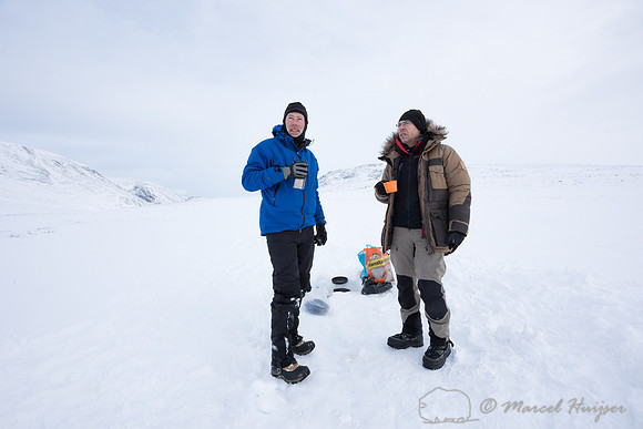 Having hot drinks and discussion muskoxen before moving camp, Do