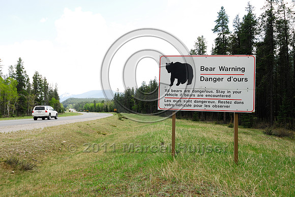 Wildlife warning sign, Bear warning All bears are dangerous Stay in vehicle if bears are encountered, AB