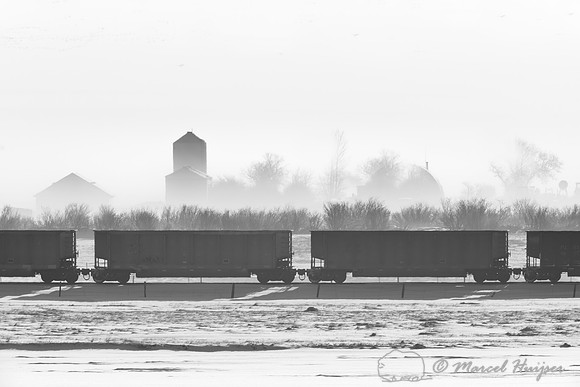 Cargo train and silo in fog, Montana, USA