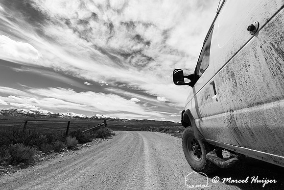 Camper van and Beaverhead Mountains, Montana, USA