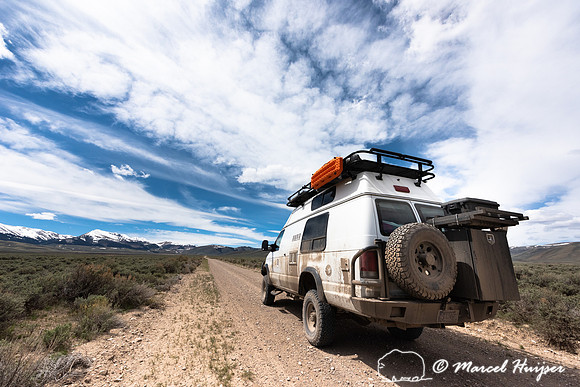 Camper van and Beaverhead Mountains, Montana, USA