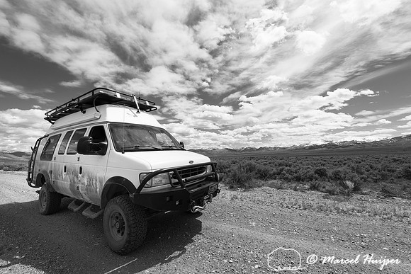 Camper van and Beaverhead Mountains, Montana, USA