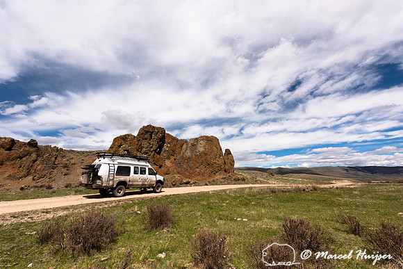 Camper van and Beaverhead Mountains, Montana, USA