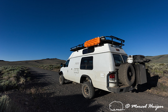 Camper van on gravel road, Hart Mountain National Antelope Refug