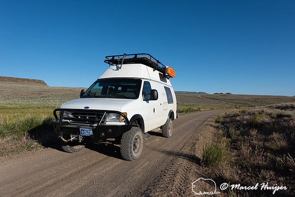 Camper van on gravel road, Hart Mountain National Antelope Refug