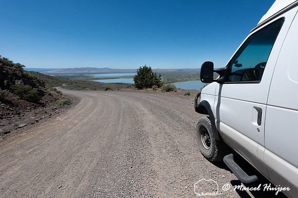 Camper van on gravel road, Warner Valley, Hart Mountain National