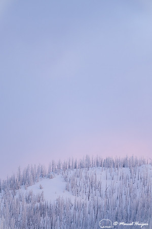 Snow covered mountain and pink sky, Wyoming, USA