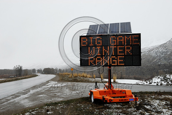 Wildlife warning sign, variable message sign, Big Game winter range Next 5 miles be alert, WY