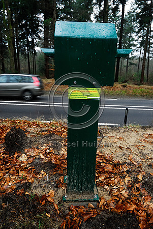 Animal detection system LED SICK WS WE 45 at a gap in a wildlife fence near Harderwijk, The Netherland