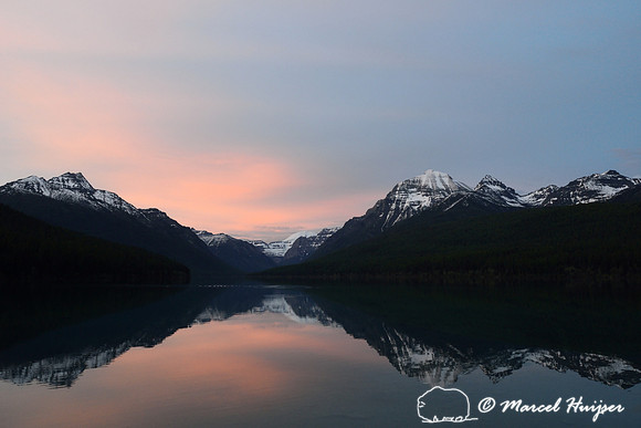 Sunset at Bowman Lake, Glacier National Park, Montana, USA