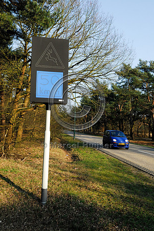 Warning sign animal detection system, deer warning sign 50 km/h  Electronic wildlife crossing warning system, Maarheze, The Netherlands