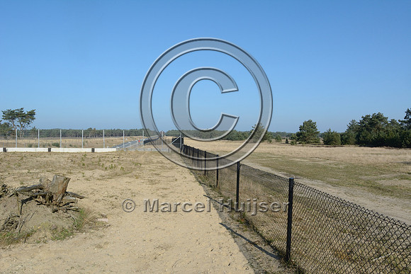 Fence on top of wildlife overpass Oud Reemst (about 35 m wide), to keep mouflon, horses and cattle from using the overpass, south of Otterlo, The Netherlands