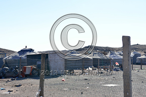 Gers covered in coal dust at the settlement of Tsagaan khad (White Rock), north of Gashuun-Sukhait, Gobi, Mongolia