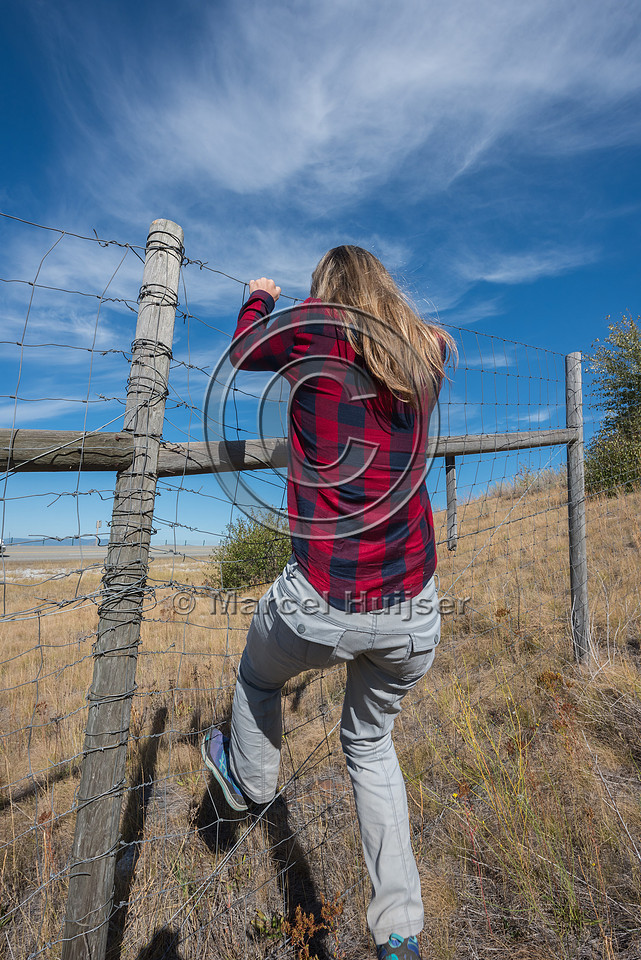 Fernanda Abra climbing a wildlife fence, north of Bonners Ferry,