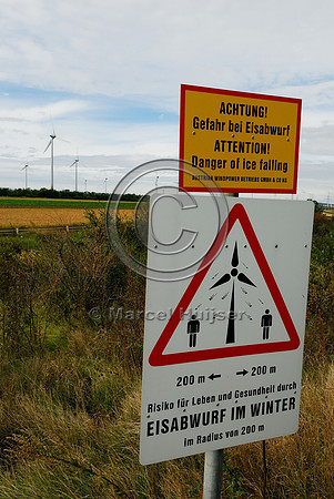 Warning sign for falling ice from wind turbines, near Parndorf, Austria